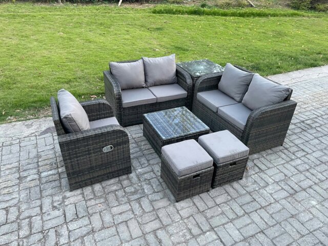 Rackhams 7-Piece Outdoor Patio Furniture Set - Dark Grey Mixed Wicker Rattan Sofa Chair and Table with 2 Small Footstools - image 1