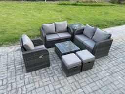 Rackhams 7-Piece Outdoor Patio Furniture Set - Dark Grey Mixed Wicker Rattan Sofa Chair and Table with 2 Small Footstools - thumbnail 1