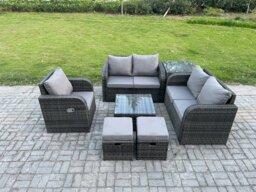Rackhams 7-Piece Outdoor Patio Furniture Set - Dark Grey Mixed Wicker Rattan Sofa Chair and Table with 2 Small Footstools - thumbnail 2