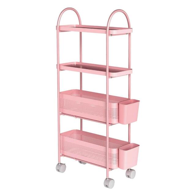Rackhams Slim Stroage Trolley Cart on Wheel for Kitchen Bathroom Narrow Space Rack - Pink/4 Tier - image 1