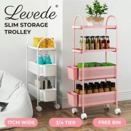 Rackhams Slim Stroage Trolley Cart on Wheel for Kitchen Bathroom Narrow Space Rack - Pink/4 Tier - thumbnail 5