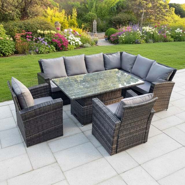 Rackhams 8 Seater Rattan Garden Furniture Set with High Back Corner Sofa, Adjustable Rising Dining Table & 2 Chairs - image 1