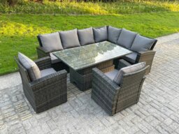 Rackhams 8 Seater Rattan Garden Furniture Set with High Back Corner Sofa, Adjustable Rising Dining Table & 2 Chairs - thumbnail 3