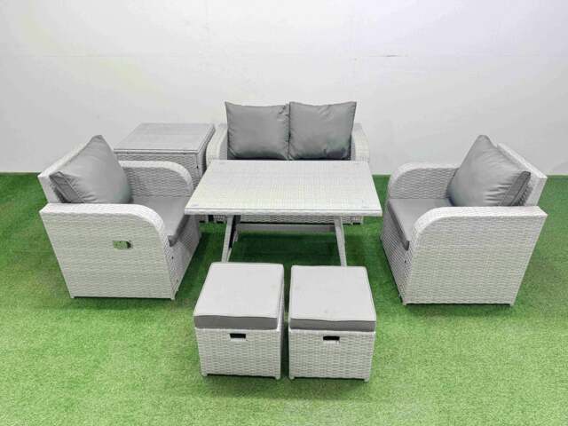 Rackhams Light Grey PE Wicker Rattan Garden Furniture Set Sofa Set Reclining Chair Love Sofa Rectangular Dining Table 2 Small Stools Side Table - image 1