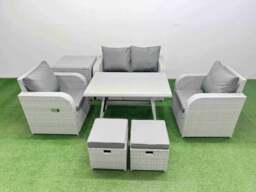 Rackhams Light Grey PE Wicker Rattan Garden Furniture Set Sofa Set Reclining Chair Love Sofa Rectangular Dining Table 2 Small Stools Side Table - thumbnail 1