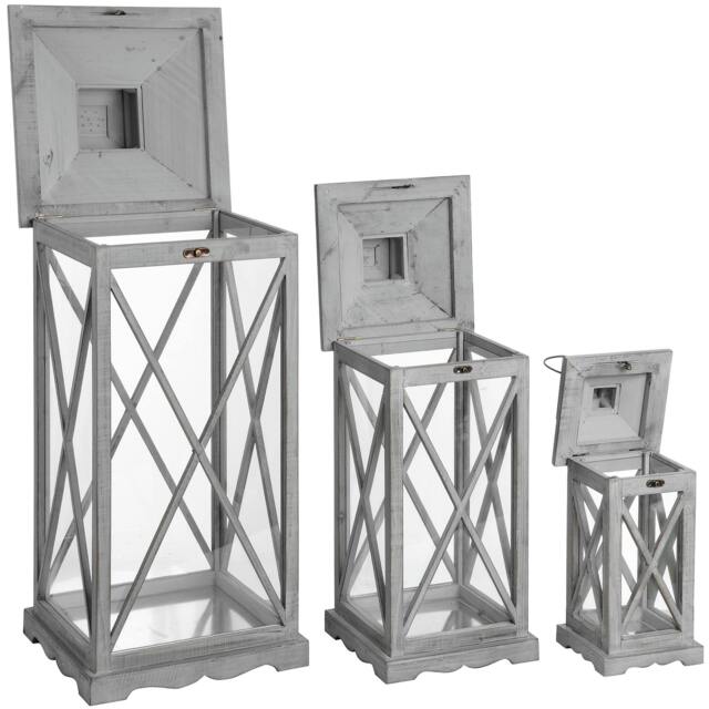 Rackhams Wooden Traditional Cross Section Candle Lanterns (Set Of 3) - Grey - Grey - One Size - 34% Metal/33% Wood/33% Glass - image 1