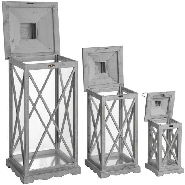 Rackhams Wooden Traditional Cross Section Candle Lanterns (Set Of 3) - Grey - Grey - One Size - 34% Metal/33% Wood/33% Glass - image 1
