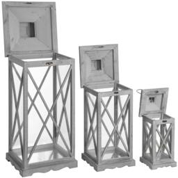 Rackhams Wooden Traditional Cross Section Candle Lanterns (Set Of 3) - Grey - Grey - One Size - 34% Metal/33% Wood/33% Glass - thumbnail 1