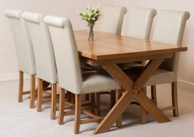 Rackhams Vermont Cross Leg Oak Extending Dining Table with Washington Leather Chairs - 6 chairs - Ivory - image 1