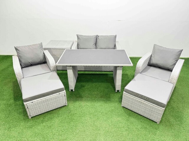 Rackhams Outdoor Rattan Garden Furniture Dining Set 6 seater Patio Rectangular Table Love Sofa Reclining Chair Set with Side Table 2 Big Stools - image 1