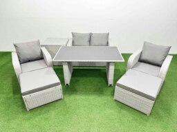 Rackhams Outdoor Rattan Garden Furniture Dining Set 6 seater Patio Rectangular Table Love Sofa Reclining Chair Set with Side Table 2 Big Stools - thumbnail 1