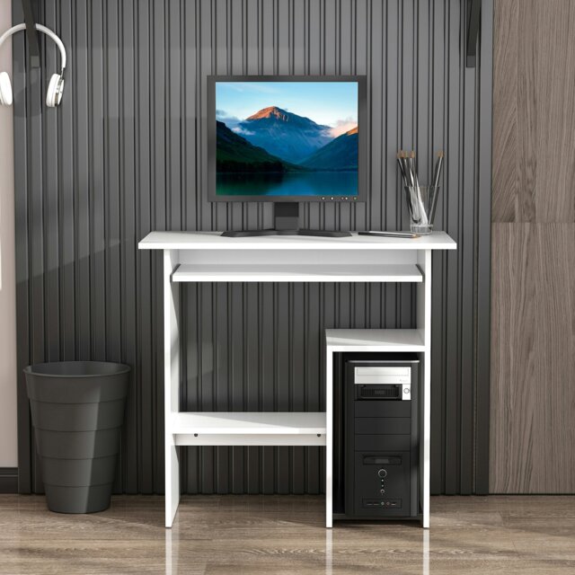 Rackhams Compact Small Computer Table Wooden Desk Keyboard Tray Storage - White - image 1
