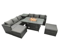 Rackhams Rattan Garden Furniture Fire Pit Dining Set 6 Seater Lounge Sofa Table Set with Side Tables 2 Footstool - thumbnail 1