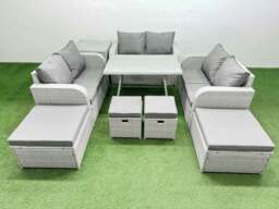 Rackhams 10 Seater Patio Garden Furniture Sets with Dining Table Love Sofa Side Table 4 Stools Light Grey - thumbnail 1