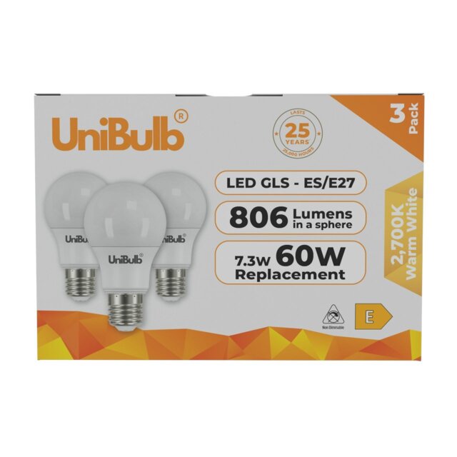Rackhams LED GLS E27 806lm 7.3W 2700K (Warm White) Light Bulb - Pack of 3 - image 1