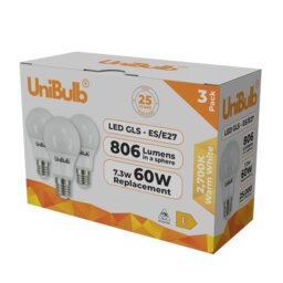 Rackhams LED GLS E27 806lm 7.3W 2700K (Warm White) Light Bulb - Pack of 3 - thumbnail 2