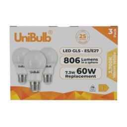 Rackhams LED GLS E27 806lm 7.3W 2700K (Warm White) Light Bulb - Pack of 3 - thumbnail 1