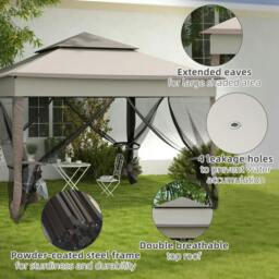 Rackhams 3.25 x 3.25m Pop Up Gazebo, Double-roof Garden Tent with Netting and Carry Bag, Party Event Shelter for Outdoor Patio, Brown and Grey - thumbnail 5
