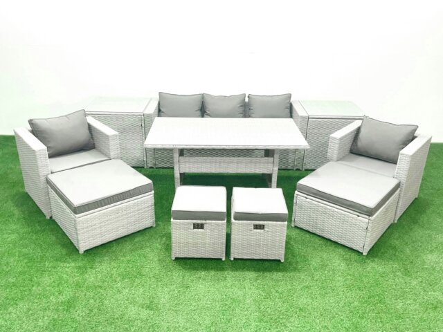 Rackhams Rattan Garden Furniture Set Outdoor 9 Seater Patio Dining Sets with Glass Top Dining Table and 2 Side Tables Light Grey Mixed - image 1