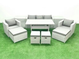 Rackhams Rattan Garden Furniture Set Outdoor 9 Seater Patio Dining Sets with Glass Top Dining Table and 2 Side Tables Light Grey Mixed - thumbnail 2
