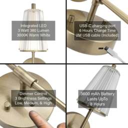 Rackhams Antique Brass Wireless Rechargeable Touch Dimmer Wall Light with Ribbed Shade - thumbnail 5