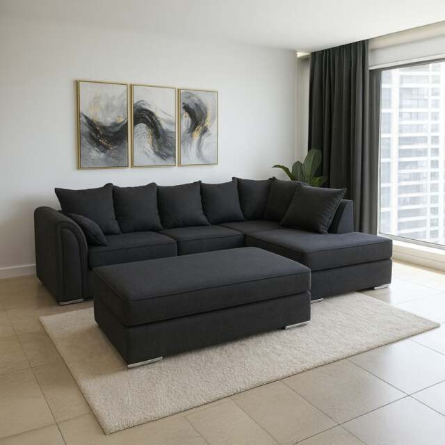 Rackhams Chiswick Corner Sofa 4 Seater with Footstool - Silver Or Black - Black - Right Hand Facing + Footstool - image 1