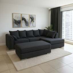 Rackhams Chiswick Corner Sofa 4 Seater with Footstool - Silver Or Black - Black - Right Hand Facing + Footstool