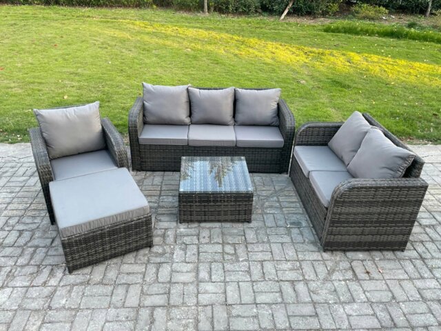 Rackhams Rattan Garden Furniture 5 Piece Patio Set With Table Sofa Square Coffee Table Reclining Chair Loveseat sofa Big Footstool - image 1