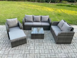 Rackhams Rattan Garden Furniture 5 Piece Patio Set With Table Sofa Square Coffee Table Reclining Chair Loveseat sofa Big Footstool - thumbnail 1