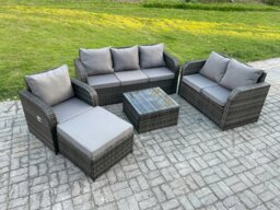Rackhams Rattan Garden Furniture 5 Piece Patio Set With Table Sofa Square Coffee Table Reclining Chair Loveseat sofa Big Footstool - thumbnail 2