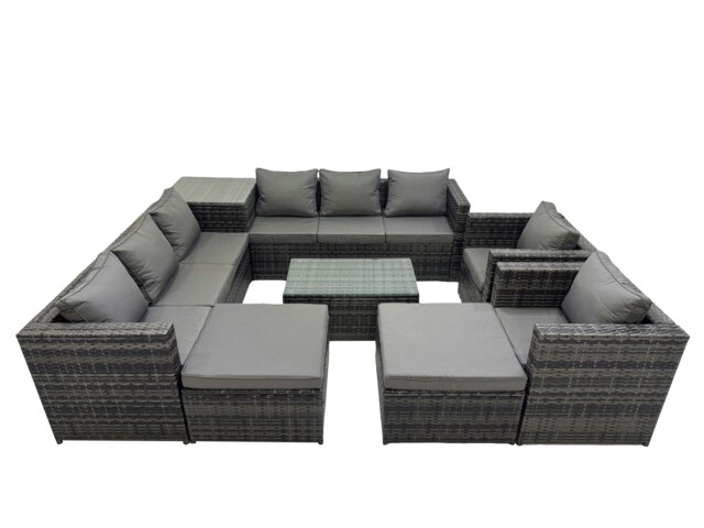 Rackhams 10 Seater Garden Outdoor Rattan Furniture Set Patio Corner Sofa Rectangular Coffee Table with 2 Big Stools Side Table Dark Grey - image 1