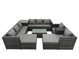 Rackhams 10 Seater Garden Outdoor Rattan Furniture Set Patio Corner Sofa Rectangular Coffee Table with 2 Big Stools Side Table Dark Grey - thumbnail 1