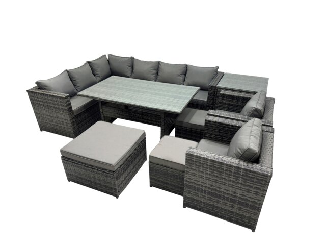 Rackhams Outdoor PE Rattan Sofa Set with Dining Table Patio Garden Furniture Sets with 3 Stool Side Table Dark Grey Mixed - image 1