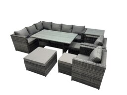 Rackhams Outdoor PE Rattan Sofa Set with Dining Table Patio Garden Furniture Sets with 3 Stool Side Table Dark Grey Mixed - thumbnail 1
