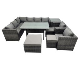 Rackhams Outdoor PE Rattan Sofa Set with Dining Table Patio Garden Furniture Sets with 3 Stool Side Table Dark Grey Mixed - thumbnail 2