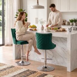 Rackhams Bar Stools Set of 2, Swivel Velvet Barstools with Footrest, Green - thumbnail 1