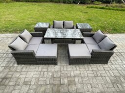 Rackhams Outdoor Lounge Sofa Set - Dark Grey Mixed PE Wicker Rattan Garden Furniture with Oblong Dining Table & 2 Big Footstools - thumbnail 1