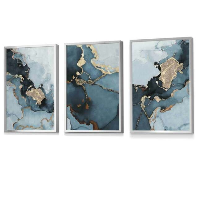 Rackhams Set of 3 Abstract Teal Blue and Gold Framed Wall Art Prints - 59x84cm (A1) - Silver - image 1