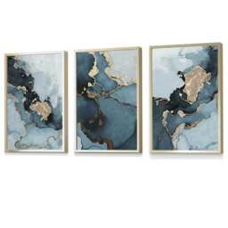 Rackhams Set of 3 Abstract Teal Blue and Gold Framed Wall Art Prints - 59x84cm (A1) - Silver - thumbnail 6