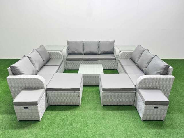 Rackhams 13 Seater Outdoor Garden Furniture Set PE Rattan Lounge Sofa Set with Coffee Table 3 Seater Sofa 4 Footstools 2 Side Tables Light Grey - image 1