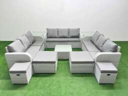 Rackhams 13 Seater Outdoor Garden Furniture Set PE Rattan Lounge Sofa Set with Coffee Table 3 Seater Sofa 4 Footstools 2 Side Tables Light Grey - thumbnail 1