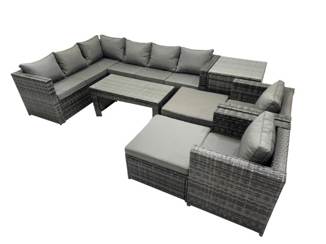 Rackhams 8 Pieces Outdoor PE Rattan Garden Furniture Corner Sofa Oblong Coffee Table Set with Cushions Chair 2 Big Footstools Side Table Dark Grey Mixed - image 1