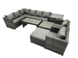 Rackhams 8 Pieces Outdoor PE Rattan Garden Furniture Corner Sofa Oblong Coffee Table Set with Cushions Chair 2 Big Footstools Side Table Dark Grey Mixed - thumbnail 1