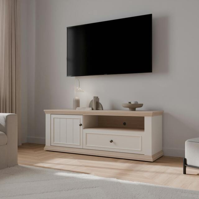 Rackhams Pontypool TV Unit with Drawer & Open Shelf in White and Riva Oak - W 149.5 X H 53.8 X D 43.5cm - 1 - Manufactured Wood - image 1