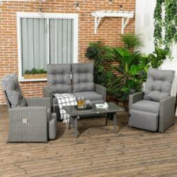 Rackhams 4 Piece Rattan Garden Furniture Set Outdoor Sofa Sectional Set with Glass Top Table for Poolside, Grey - thumbnail 2