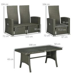 Rackhams 4 Piece Rattan Garden Furniture Set Outdoor Sofa Sectional Set with Glass Top Table for Poolside, Grey - thumbnail 3