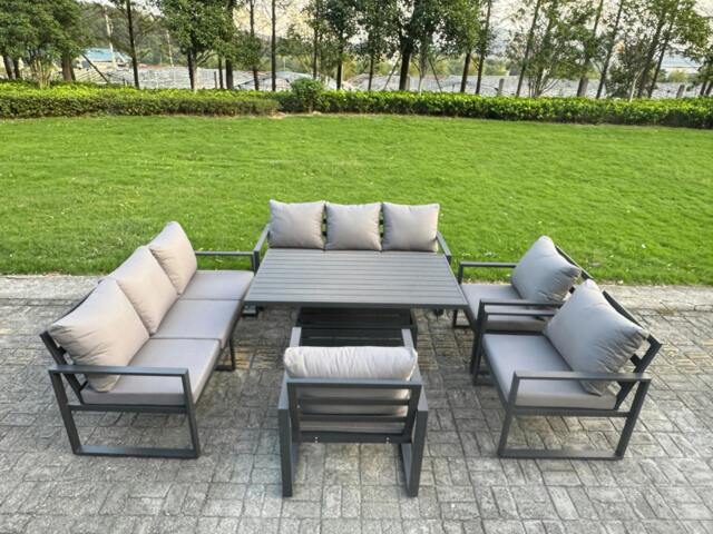 Rackhams 9 Seater Aluminium Garden Furniture Set with Adjustable Rising Dining Table, 3 Chairs - Dark Grey - image 1