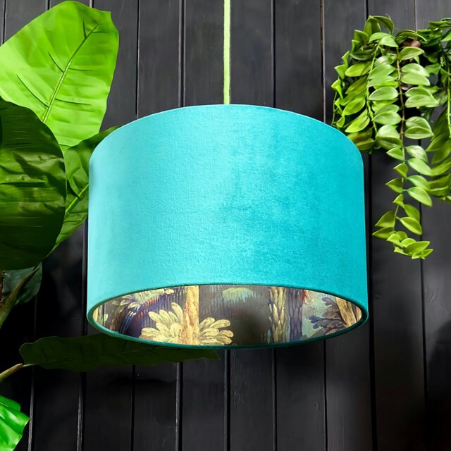 Rackhams Emerald Enchanted Wood Silhouette Lampshade in Jade Green Velvet - Ceiling Pendant / Arc Lamp - 35cm diameter x 25cm height / 14 x 10 - image 1