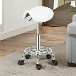 Rackhams Saddle Salon Stool Chair With Adjustable Height and 360 Swivel White - thumbnail 1