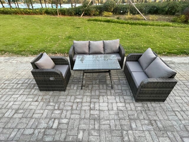 Rackhams Outdoor Rattan Garden Furniture Set 7 Seater Patio Lounge Sofa Set with Dining Table Dark Grey Mixed - image 1